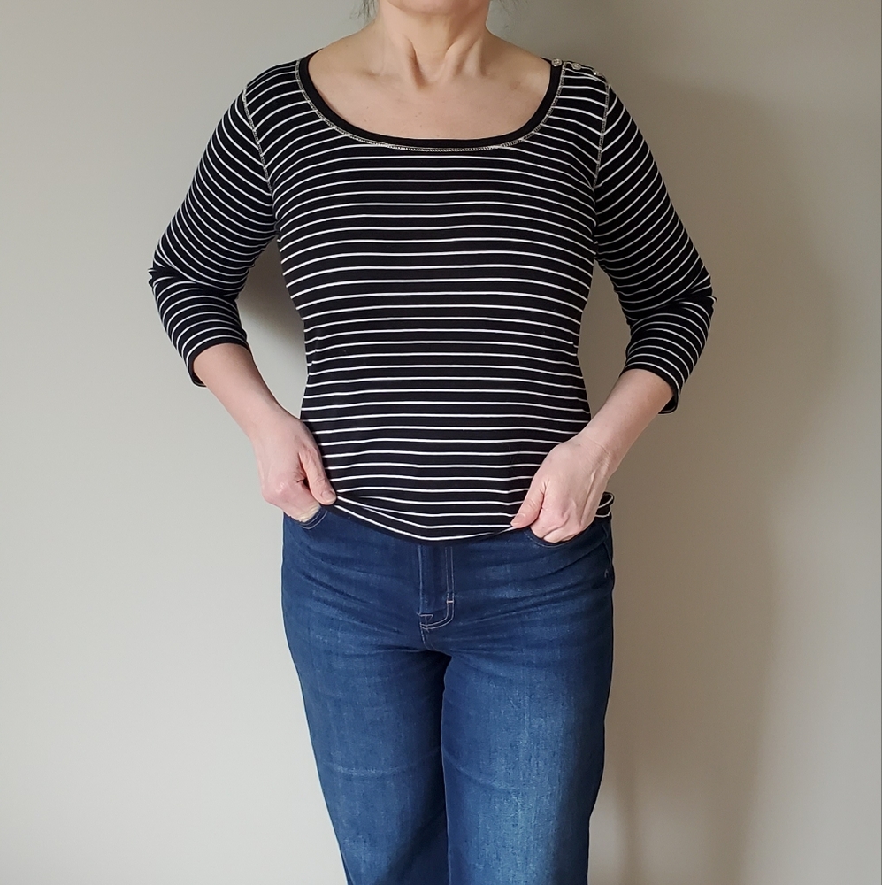 Weeken MaxMara Black and White Striped Top With Gold Accents